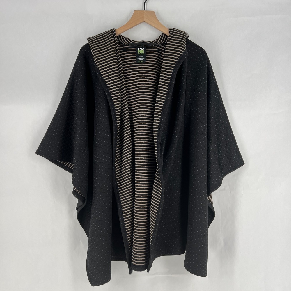 Pure Essence Poncho Quilted Jacket‎ Womens M/L Black Striped Hooded Open Front